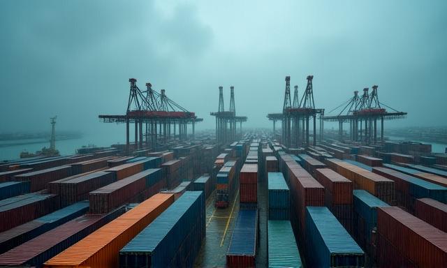 Global logistics port during heavy monsoon rains