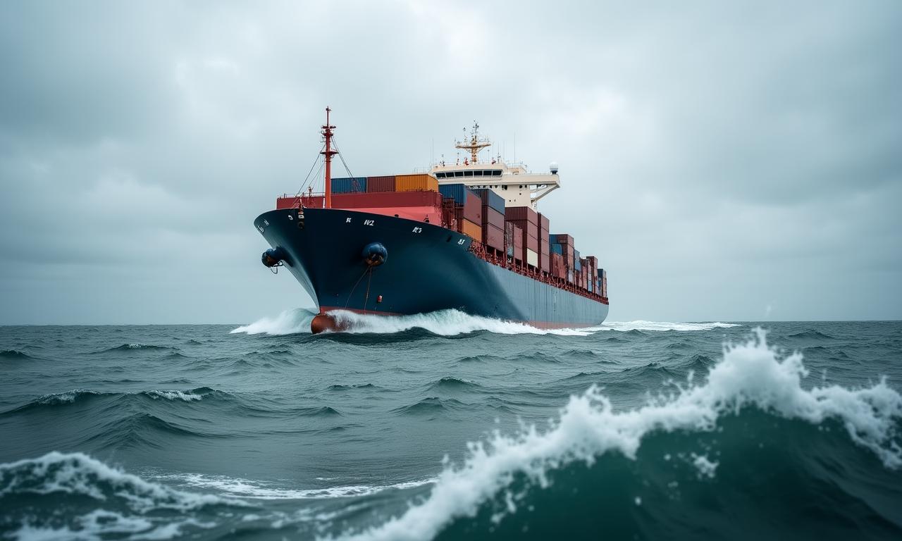 Container ship navigating through heavy weather and high waves