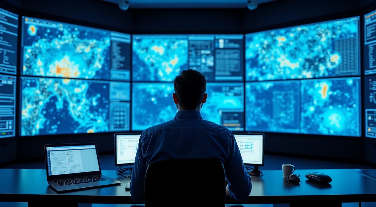 High-tech meteorological operations center with digital weather maps
